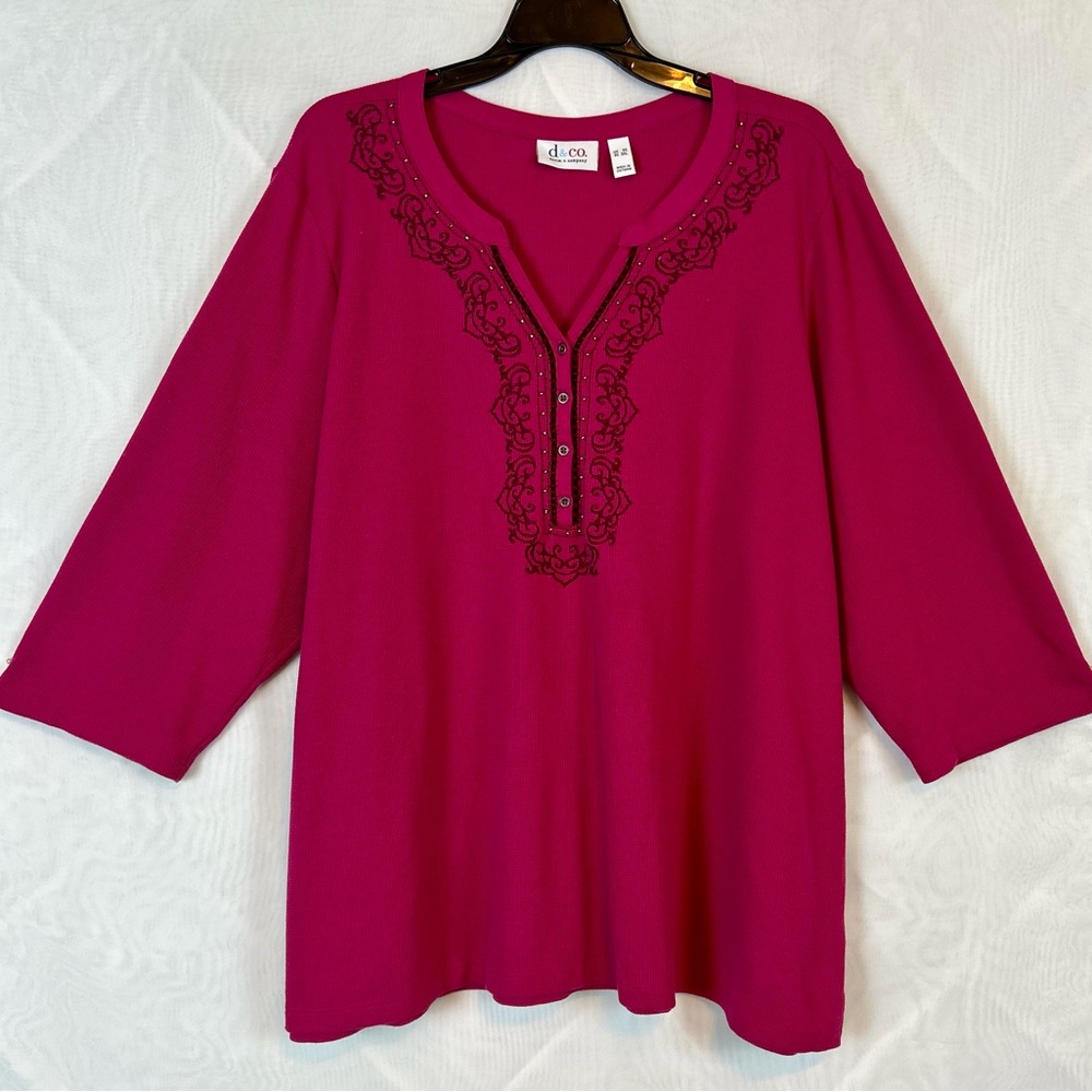 QVC D&Co Fuchsia 3/4 Sleeves Waffle Knit Casual Top / 3XL